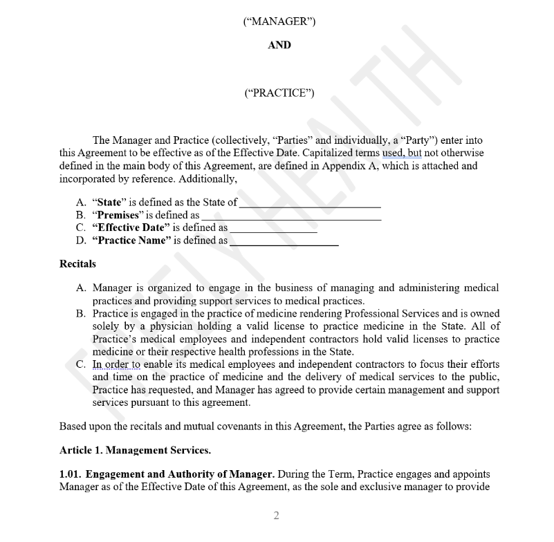MSO (Management Services Organization) & Medical Practice Management Agreement Template